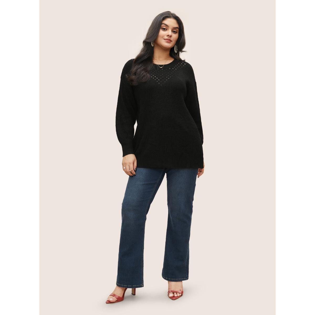 Plus Size Plain Round Neck Hollow Out Drop Shoulder Pullover Black Women Casual Loose Long Sleeve Round Neck Dailywear Pullovers BloomChic 12/L Product Image