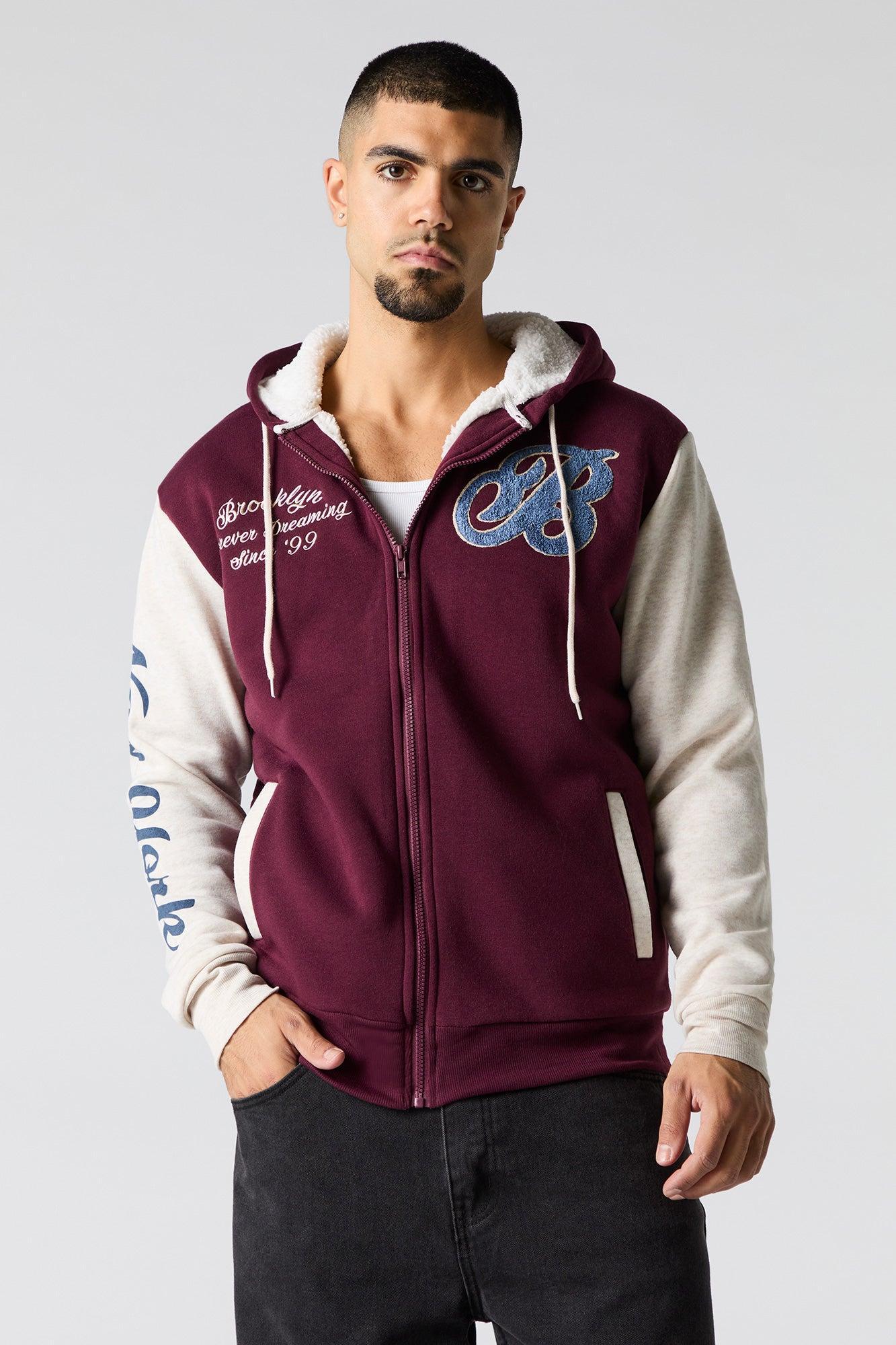 Chenille Embroidered Faux Fur Lined Zip-Up Hoodie Male Product Image