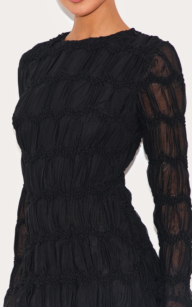 Black Textured Long Sleeve Crew Neck Mini Dress Product Image