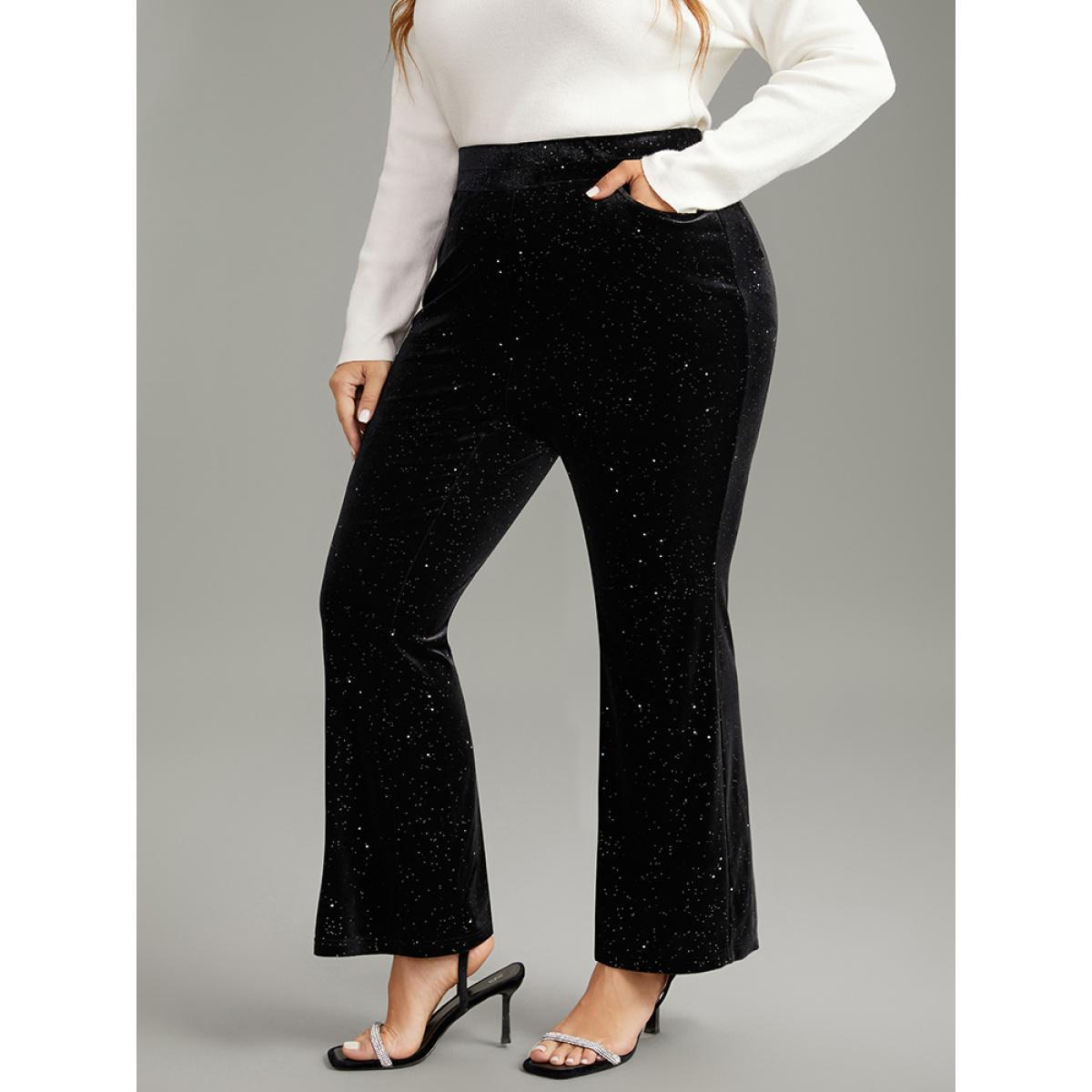 Plus Size Velvet Glitter Patchwork Pocket Flare Leg Pants Women Black Glamour Flare Leg High Rise Festival-Christmas Pants BloomChic 12/L Product Image