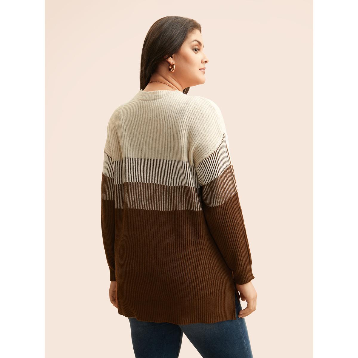 Plus Size Colorblock Contrast Texture Slit Hem Pullover Browncoffeecolor Women Casual Loose Long Sleeve Round Neck Everyday Pullovers BloomChic 18-20/2X Product Image