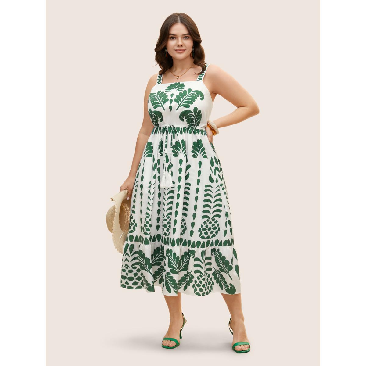Plus Size Tropical Print Drawstring Tassels Cami Dress Emerald Women Resort Tassels Non Sleeveless Curvy BloomChic 22-24/3X Product Image