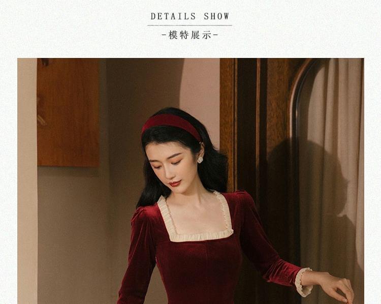 3/4-Sleeve Square Neck Frill Trim Velvet Midi A-Line Dress Product Image