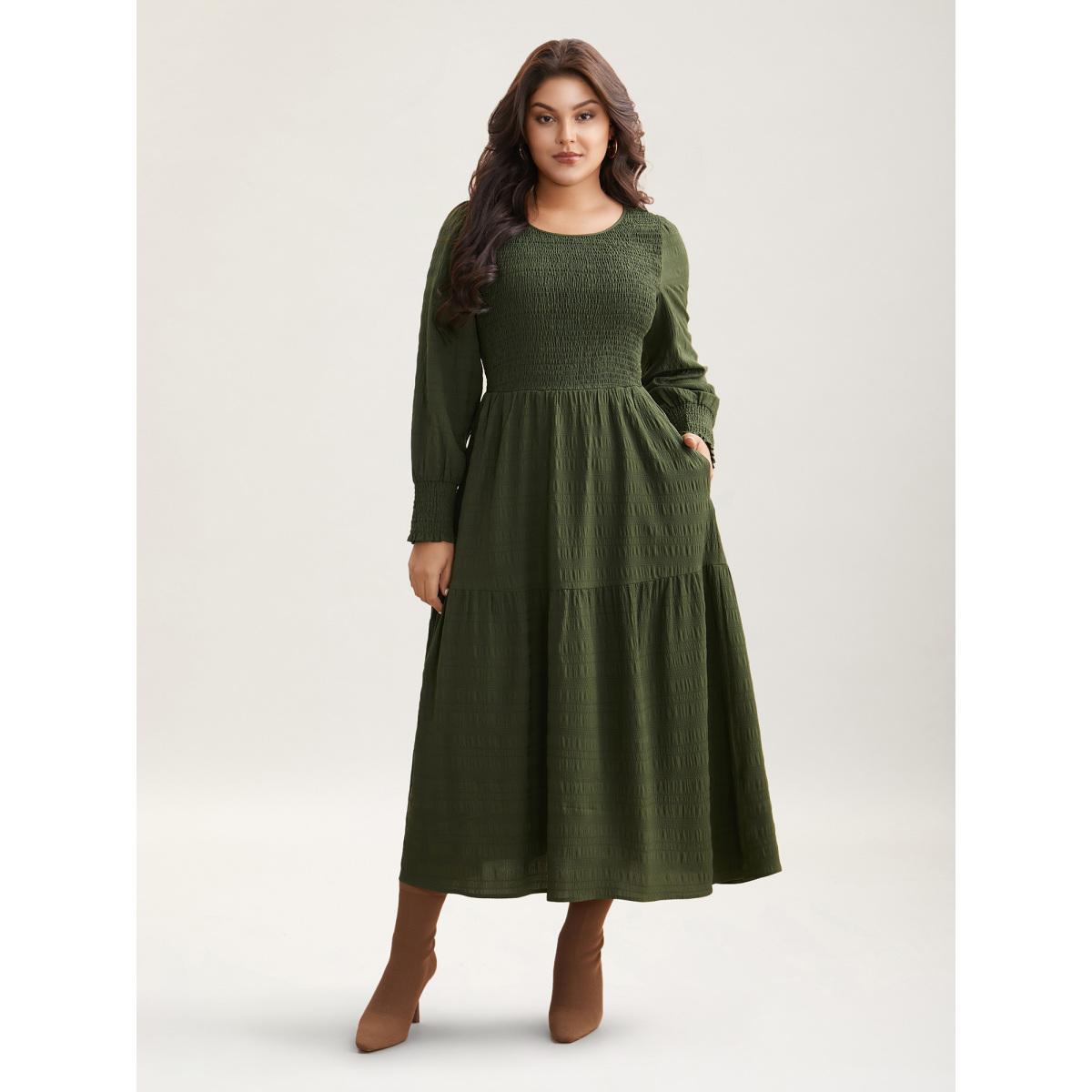 Plus Size Plain Textured Shirred Midi Dress Burgundy Women Elegant Texture Round Neck Long Sleeve Curvy BloomChic 10/M Product Image