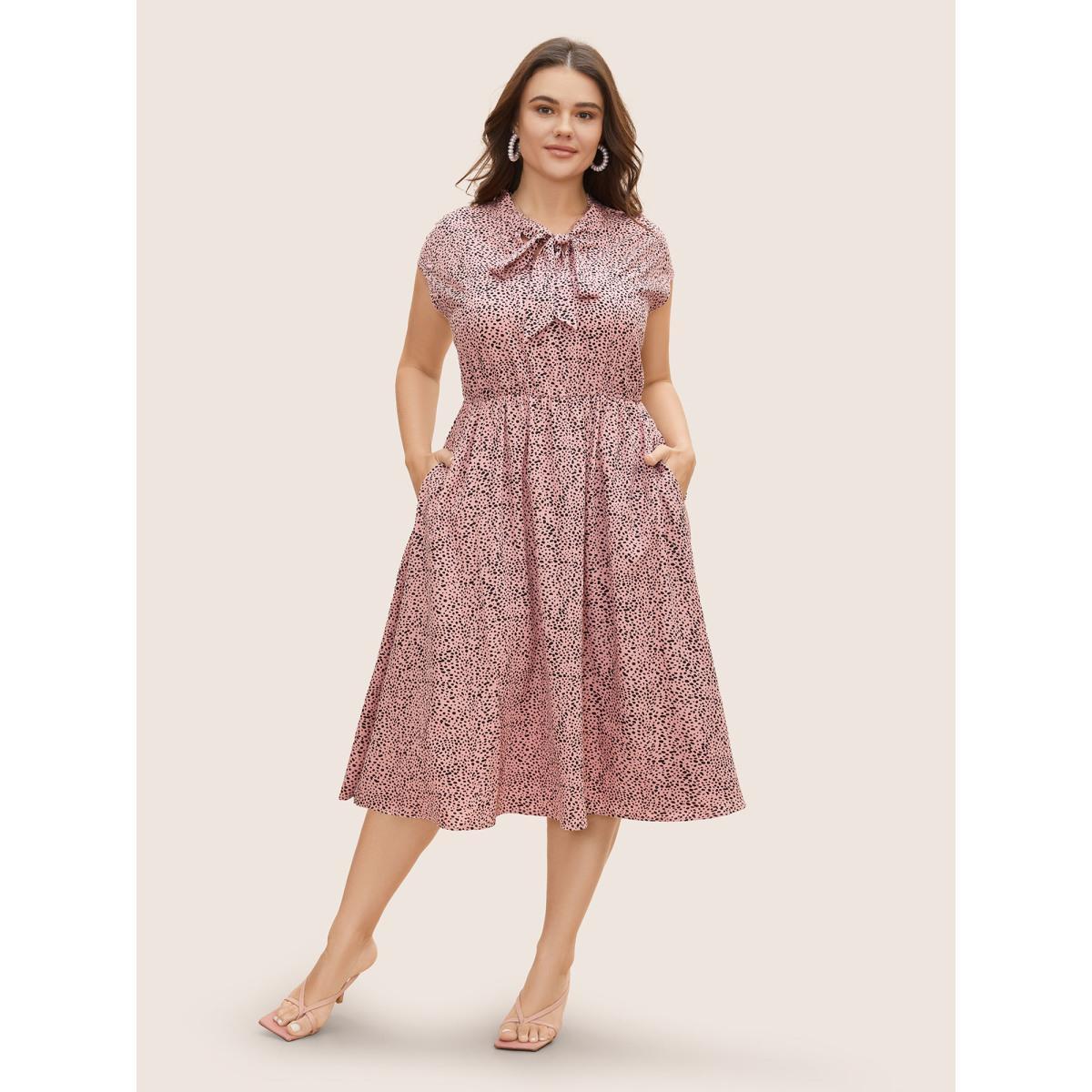 Plus Size Asymmetrical Polka Dot Tie Knot Midi Dress Beanpastepowder Women Elegant Tie knot Ribbon-tied collar Cap Sleeve Curvy BloomChic 18-20/2X Product Image