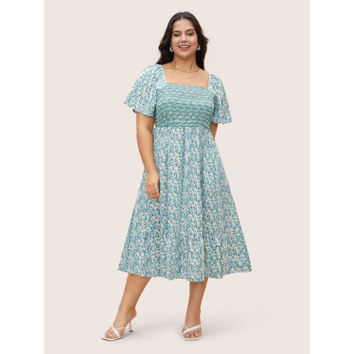 Plus Size Square Neck Ditsy Floral Shirred Ruffle Sleeve Dress White Women Elegant Shirred Square Neck Short sleeve Curvy BloomChic 22-24/3X Product Image