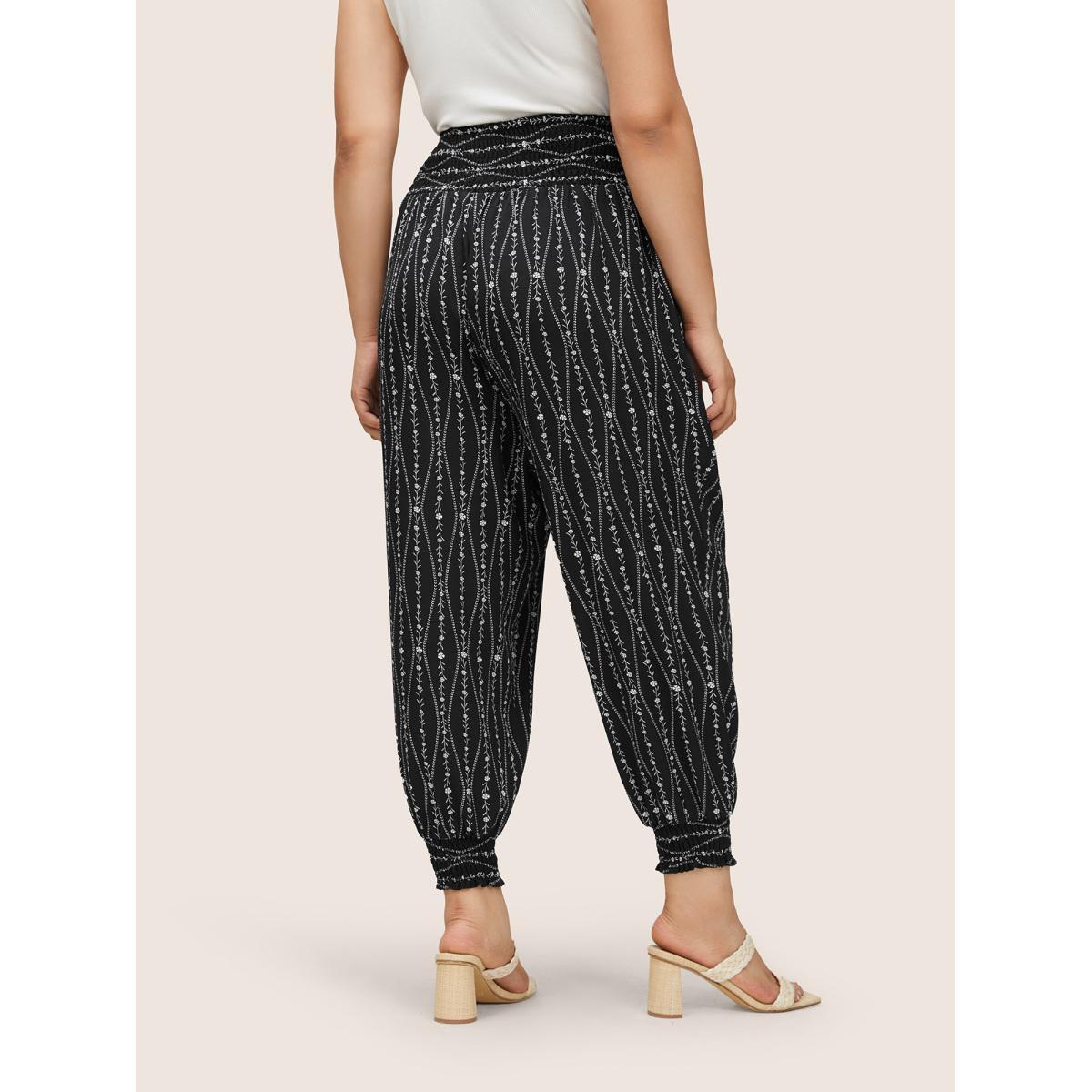 Plus Size Ditsy Floral Shirred Ties High Rise Harem Pants Women BlackFlower Resort Harem High Rise Vacation Pants BloomChic 18-20/2X Product Image