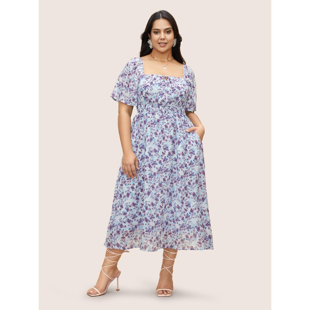Plus Size Chiffon Ditsy Floral Tie Knot Raglan Sleeve Dress Purple Women Elegant Tie knot Square Neck Cap Sleeve Curvy BloomChic 14-16/1X Product Image
