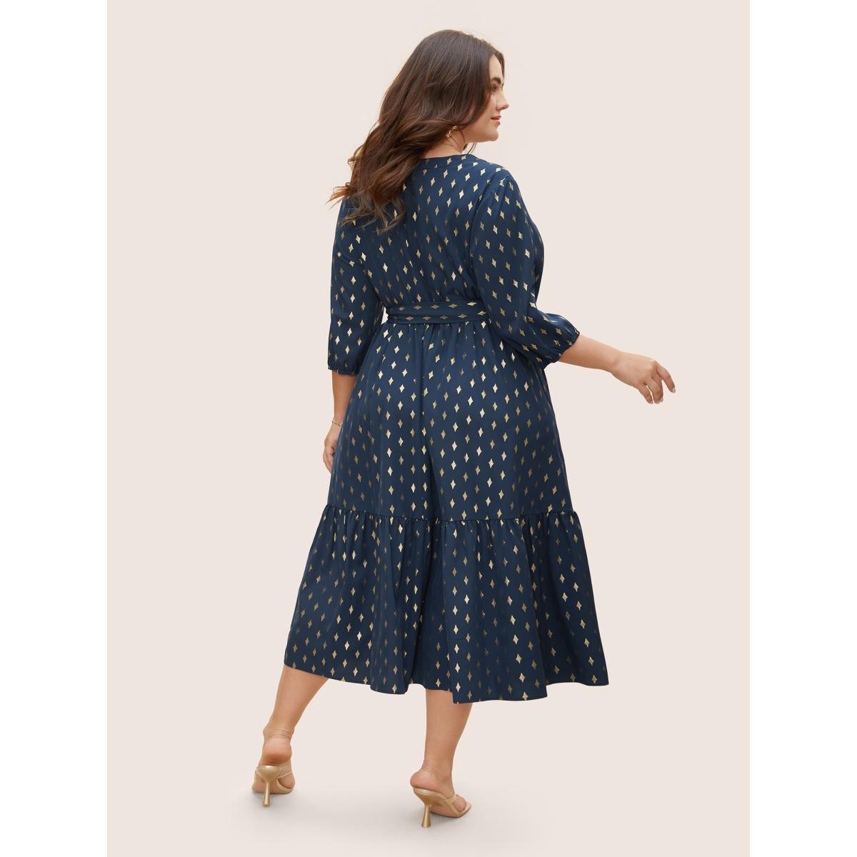 Plus Size Glitter Notched Lantern Sleeve Midi Dress Indigo Women Formal Gathered Notched collar Elbow-length sleeve Curvy BloomChic 30/6X Product Image