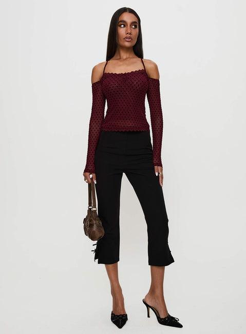 On My Side Off Shoulder Tie Neck Top Burgundy Product Image