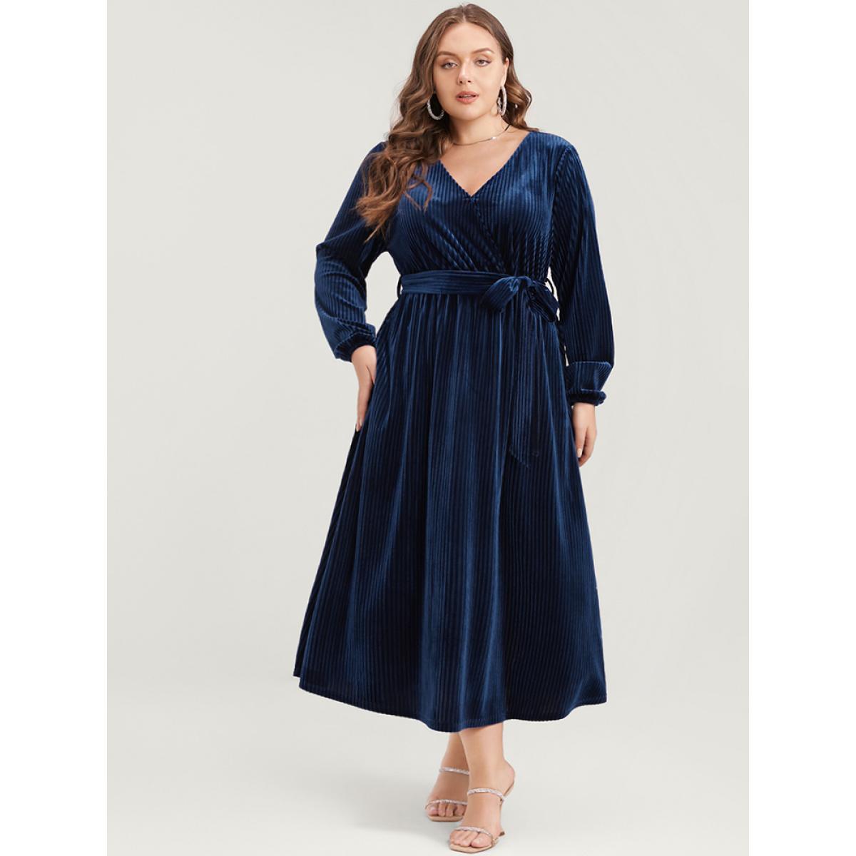 Plus Size Striped Velvet Pocket Lantern Sleeve Belted Wrap Dress DarkBlue Women Glamour Pocket V-neck Long Sleeve Curvy Midi Dress BloomChic 26/4X Product Image