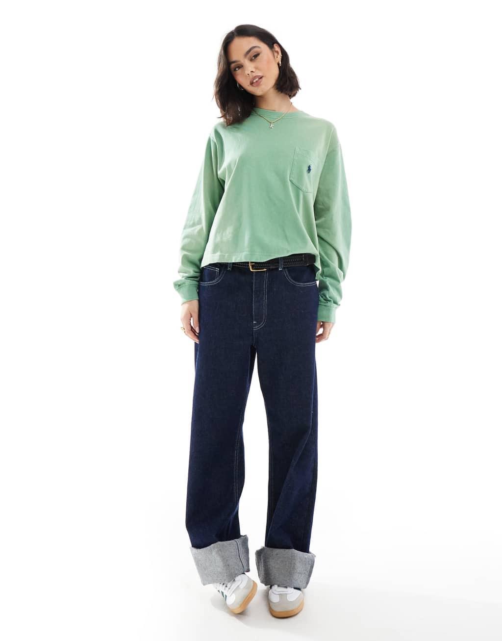 Polo Ralph Lauren loose fit long sleeve top with logo in washed green Product Image