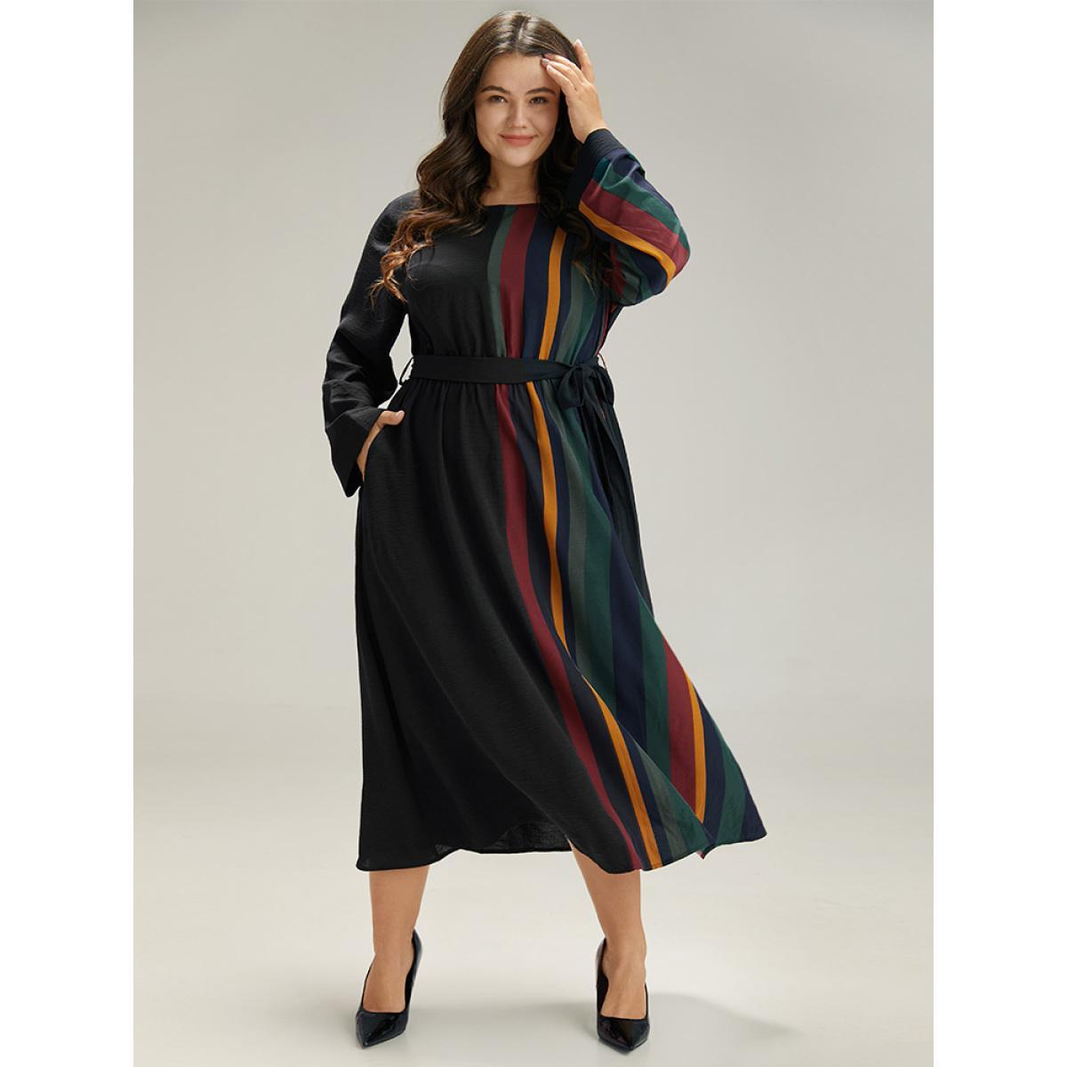 Plus Size Striped Pocket Patchwork Belted Elastic Waist Dress Black Women Office Belted Round Neck Long Sleeve Curvy Midi Dress BloomChic 28/5X Product Image