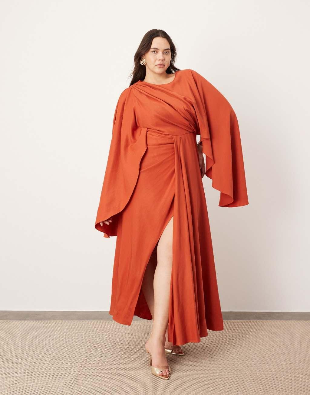 ASOS EDITION Curve volume flare sleeve grecian cut out maxi dress in rust Product Image