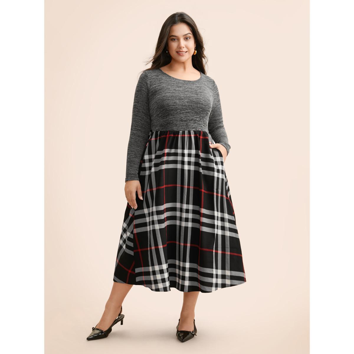 Plus Size Plaid Patchwork Elastic Waist Dress Black Women Casual Patchwork Round Neck Long Sleeve Curvy BloomChic 14-16/1X Product Image