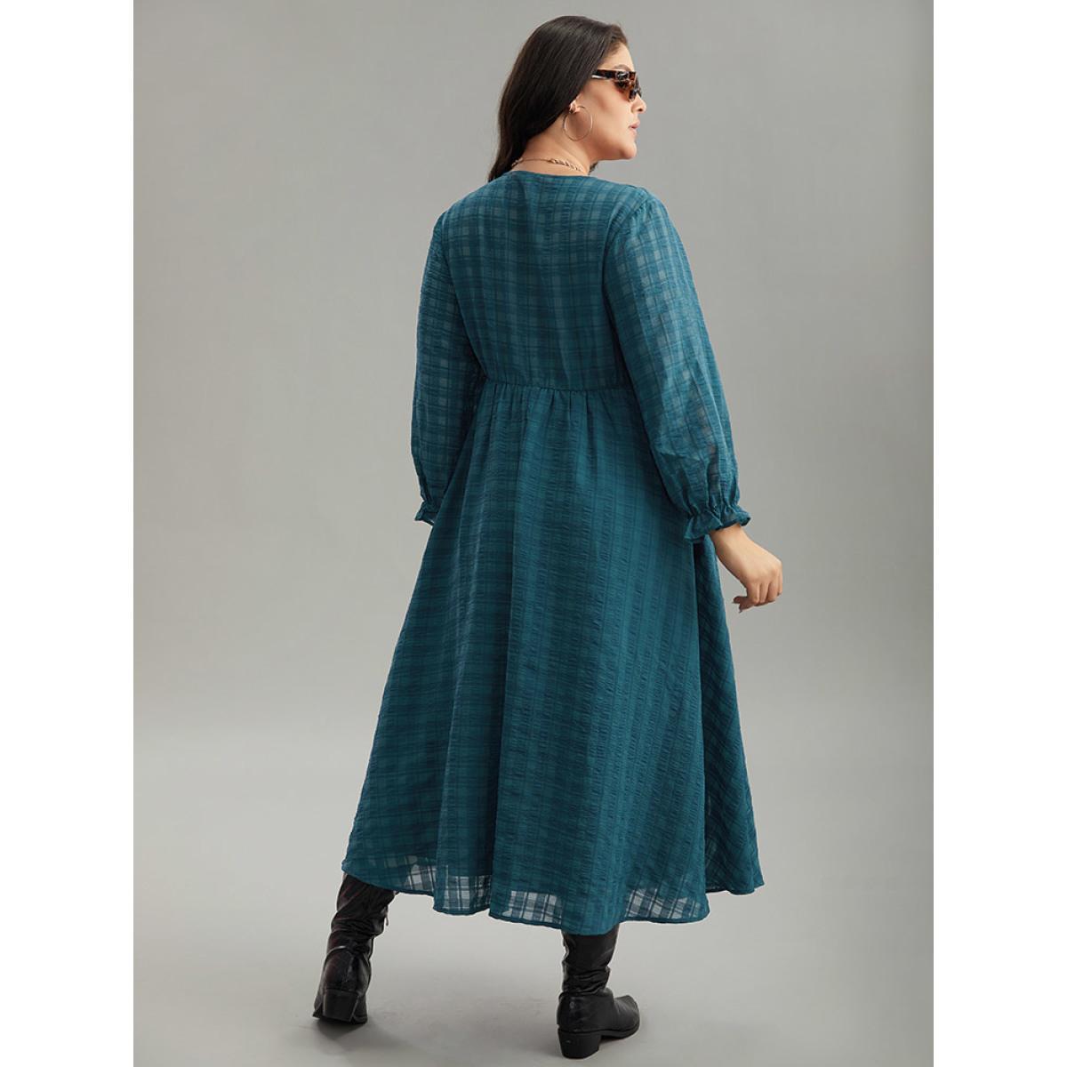 Plus Size Plaid Wrap Elastic Waist Gathered Ruffles Dress Cyan Women Casual Plain V-neck Long Sleeve Curvy Midi Dress BloomChic 30/6X Product Image