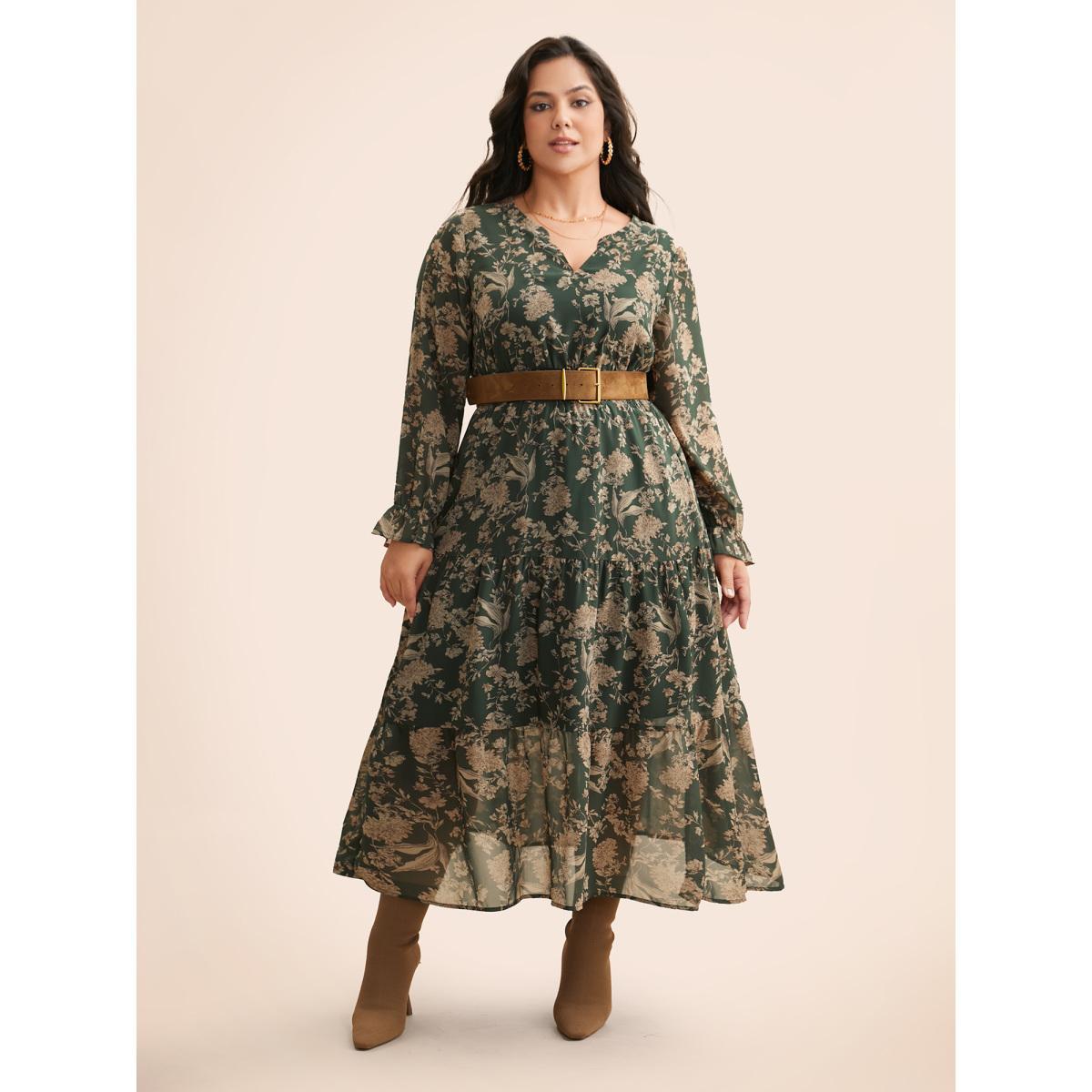 Plus Size Floral Shirred Ruffles See Through Dress ArmyGreen Women Elegant See through Flat collar with V-notch Long Sleeve Curvy BloomChic 26/4X Product Image