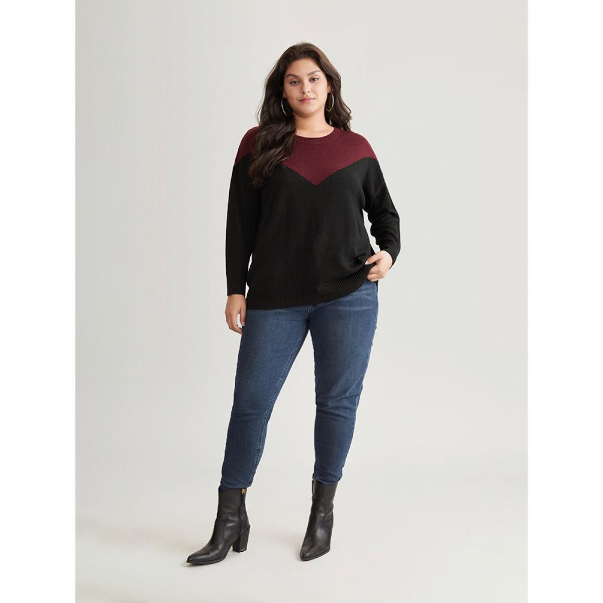 Plus Size Patchwork Colorblock Drop Shoulder Pullover Burgundy Women Casual Loose Long Sleeve Round Neck Dailywear Pullovers BloomChic 30/6X Product Image