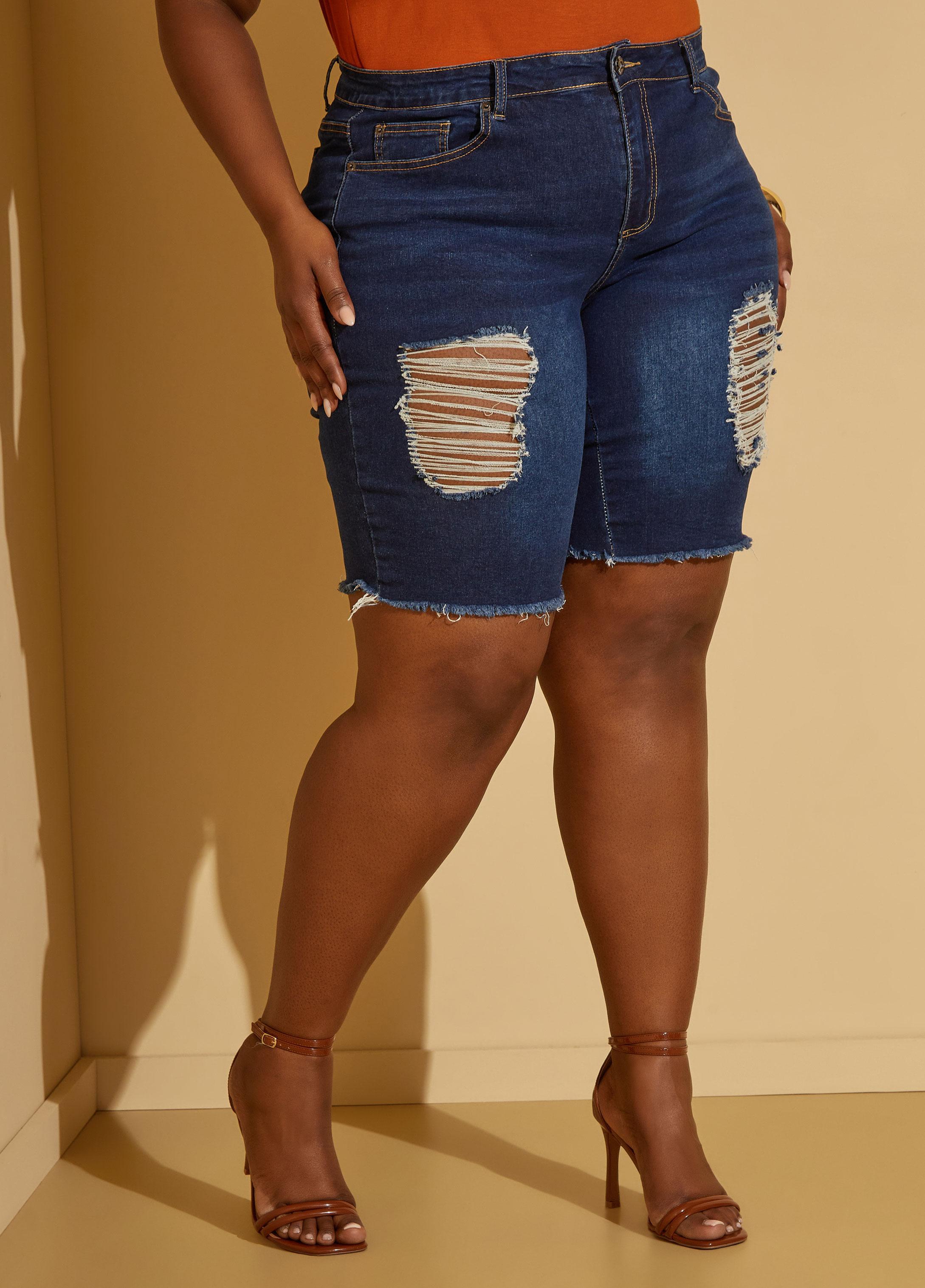 Frayed Distressed Denim Shorts Product Image