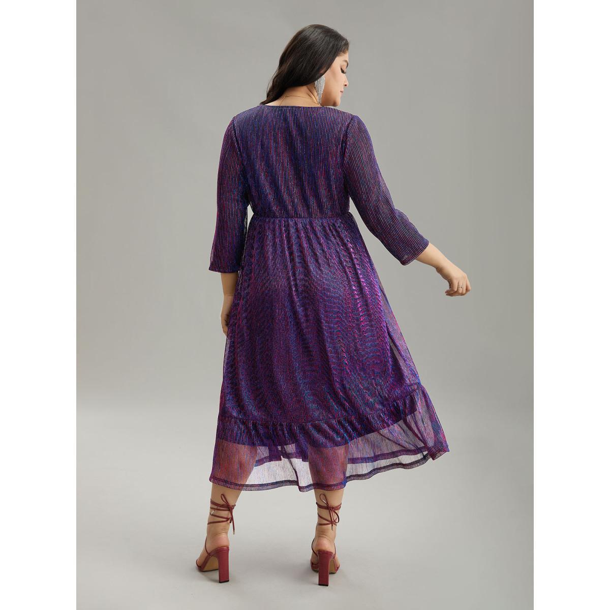 Plus Size Luxe Mesh Pleated Elastic Waist Wrap Dress Blackcurrant Women Party Texture Overlap Collar Elbow-length sleeve Curvy Midi Dress BloomChic 30/6X Product Image