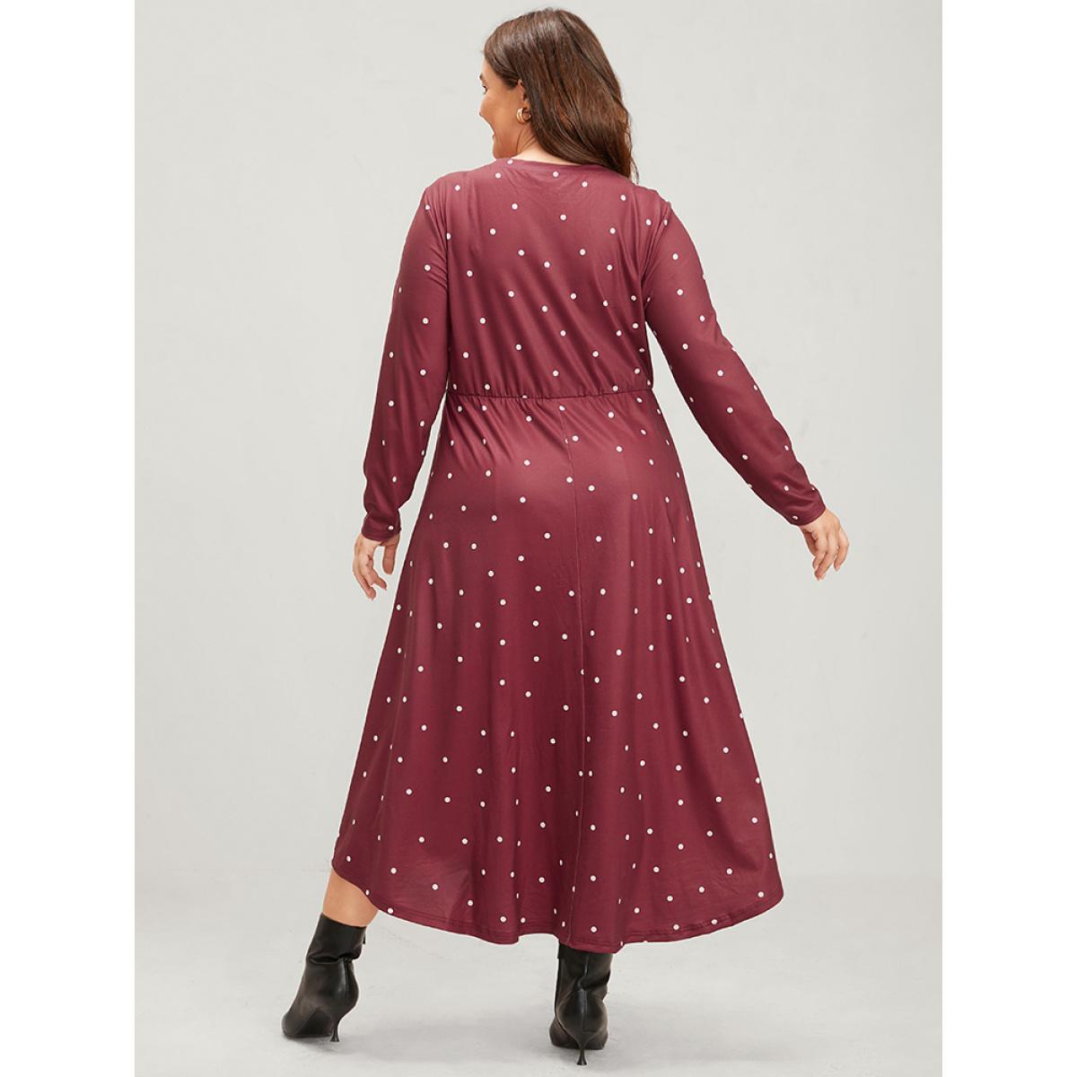 Plus Size Polka Dot Pocket Round Neck Midi Dress DustyPink Women Elegant Pocket Round Neck Long Sleeve Curvy Midi Dress BloomChic 26/4X Product Image