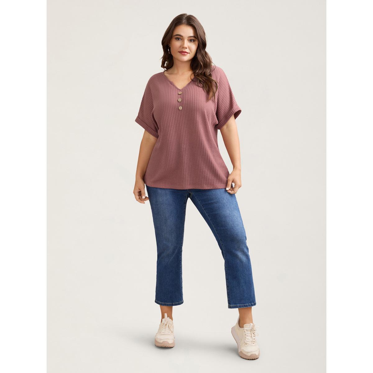 Plus Size Waffle Knit Stretchy Button Split Neck T-Shirt DustyPink Women Casual Texture Flat collar with V-notch Everyday T-shirts BloomChic 28/5X Product Image