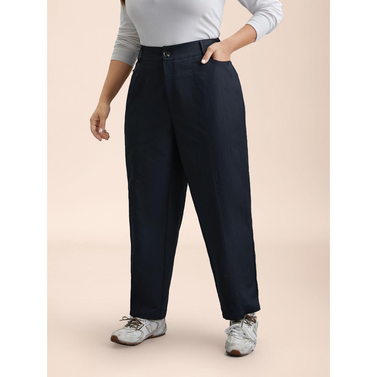 Plus Size Seamed Button Mid-Rise Straight-Leg Pants Women Indigo Casual Straight Leg Mid Rise Everyday Pants BloomChic 14-16/1X Product Image