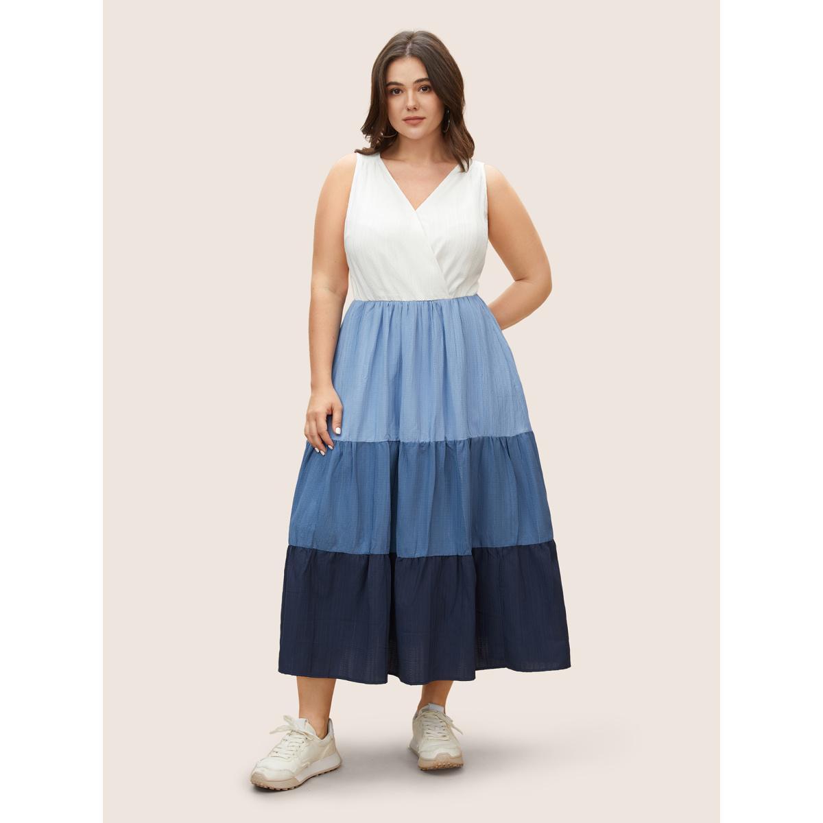Plus Size Colorblock Contrast Ruffle Layered Hem Dress Blue Women Casual Overlapping V-neck Sleeveless Curvy BloomChic 12/L Product Image