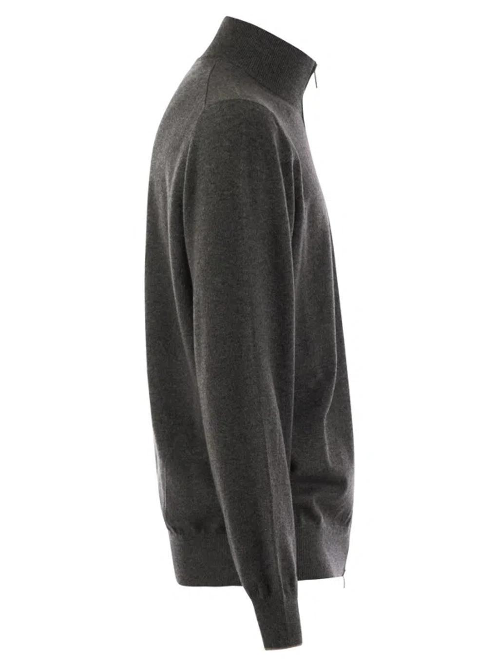 BRUNELLO CUCINELLI High-necked Cashmere Cardigan With Zip In Grey Product Image