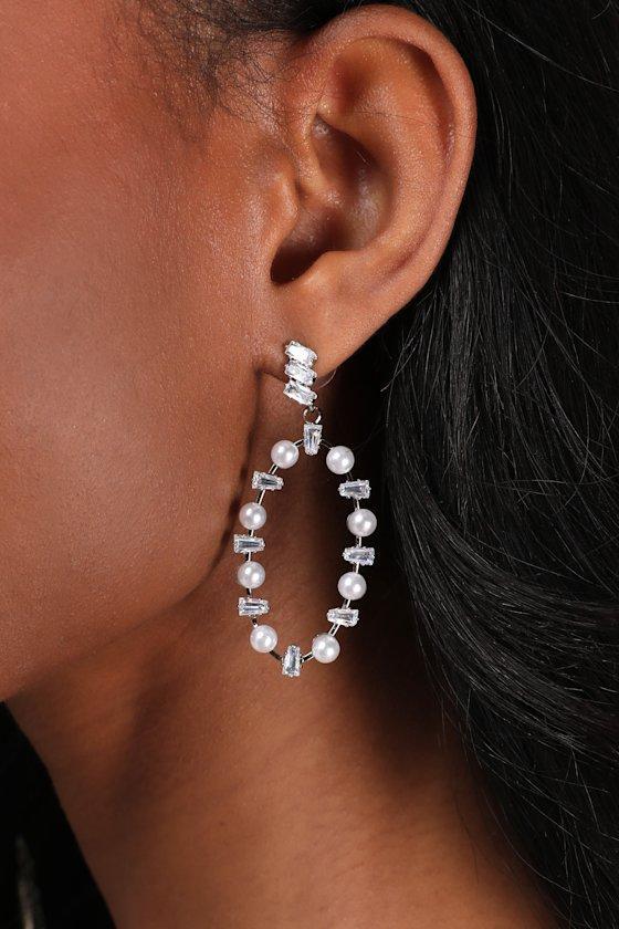Kayleigh Silver Rhinestone Pearl Statement Earrings Product Image