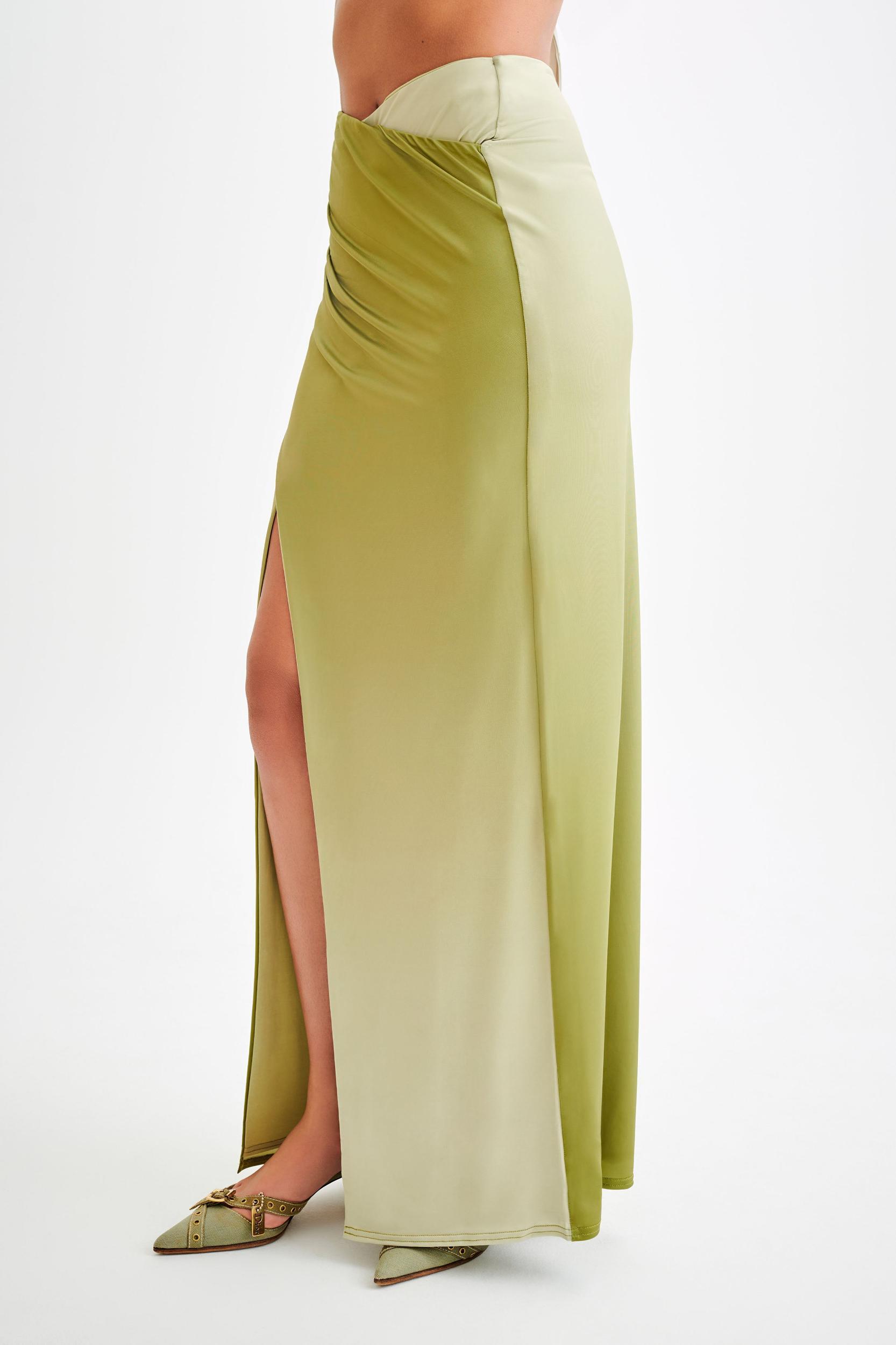 Bronwyn Slinky Ruched Maxi Skirt With Split - Ombre Vintage Olive Product Image