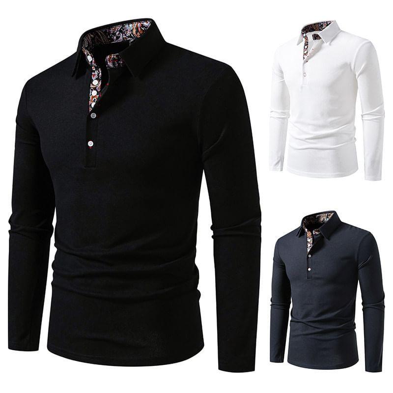 Long-Sleeve Paisley Print Panel Polo Shirt Product Image