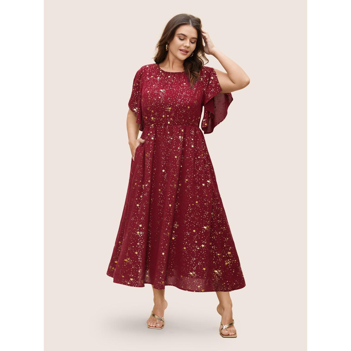 Plus Size Glitter Star Split Sleeve Midi Dress Mauve Women Elegant Gathered Round Neck Short sleeve Curvy BloomChic 12/L Product Image
