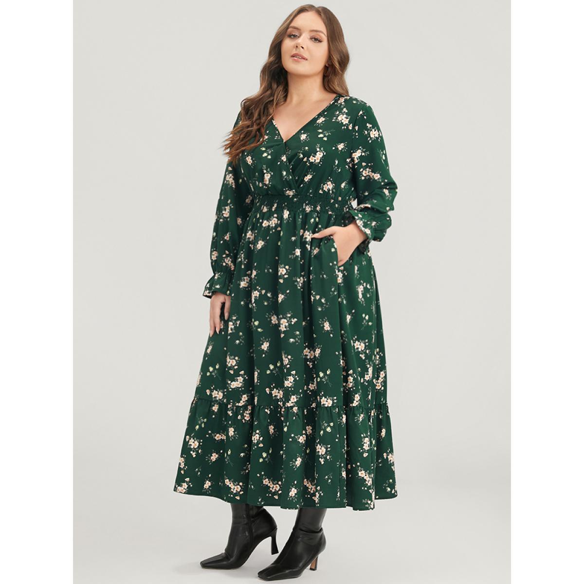 Plus Size Floral Lantern Sleeve Pocket Wrap Shirred Dress Without Hat DarkGreen Women Elegant Pocket V-neck Long Sleeve Curvy Midi Dress BloomChic 14-16/1X Product Image
