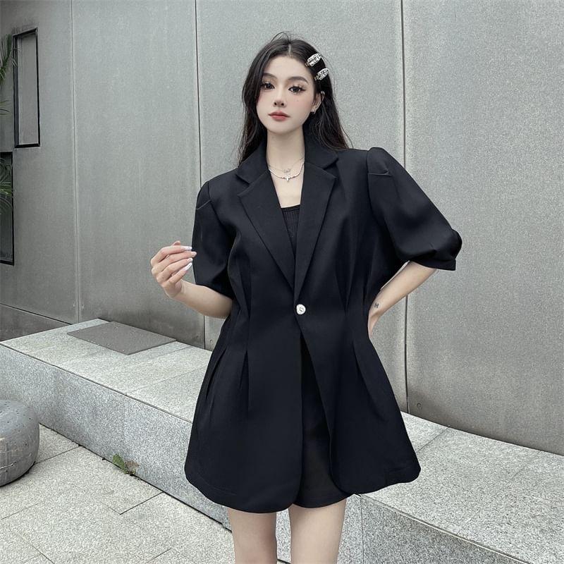 Puff-Sleeve One-Button Plain Romper Product Image