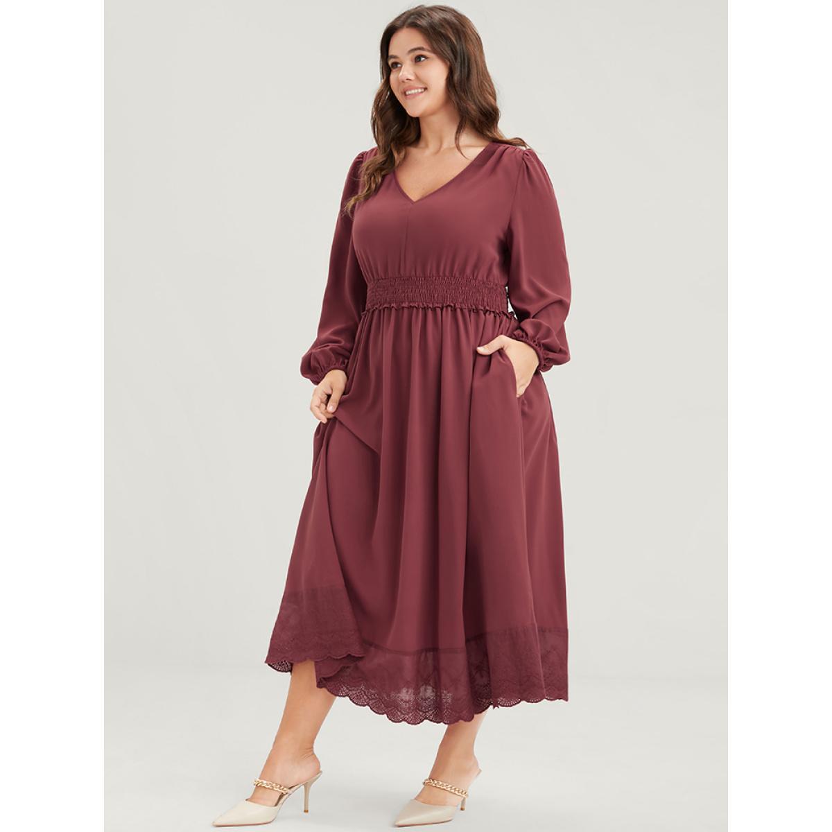 Plus Size Solid Pocket Lantern Sleeve Patchwork Ruffled Shirred Dress DustyPink Women Elegant Plain V-neck Long Sleeve Curvy Midi Dress BloomChic 28/5X Product Image