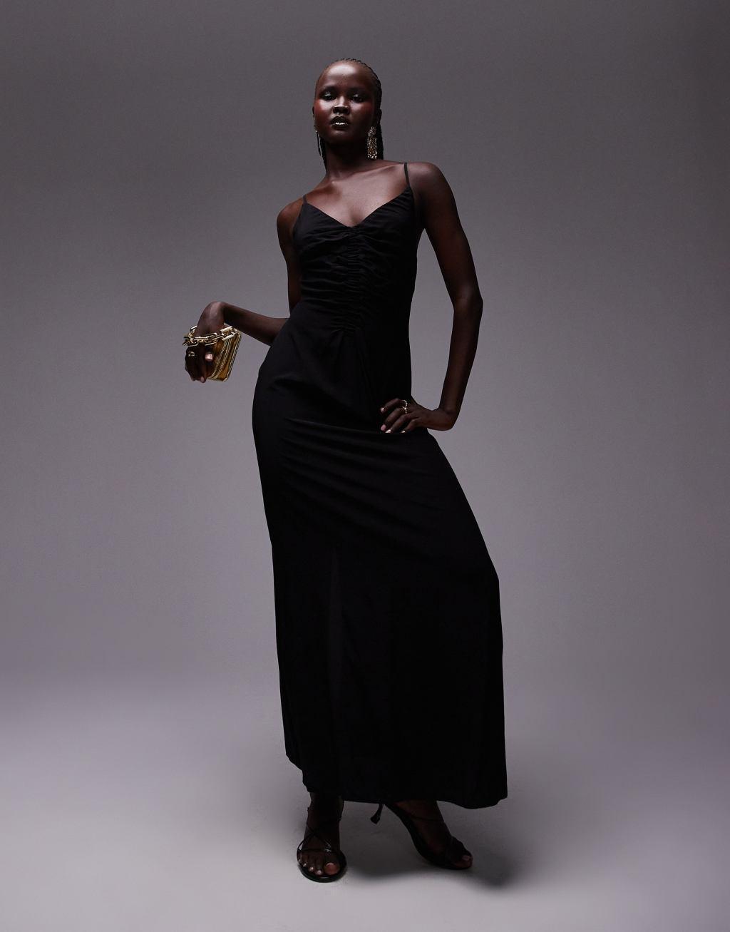 Topshop ruched maxi slip dress in black Product Image