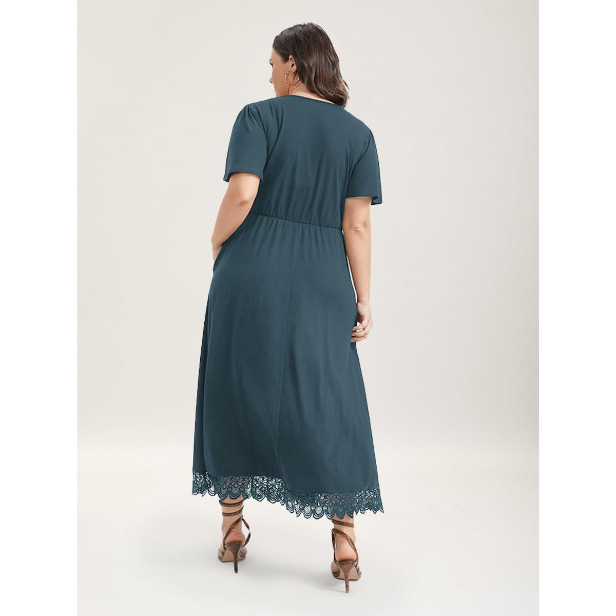 Plus Size Solid Pocket Contrast Lace Split Maxi Dress Aegean Women Elegant Patchwork V-neck Short sleeve Curvy Long Dress BloomChic 10/M Product Image