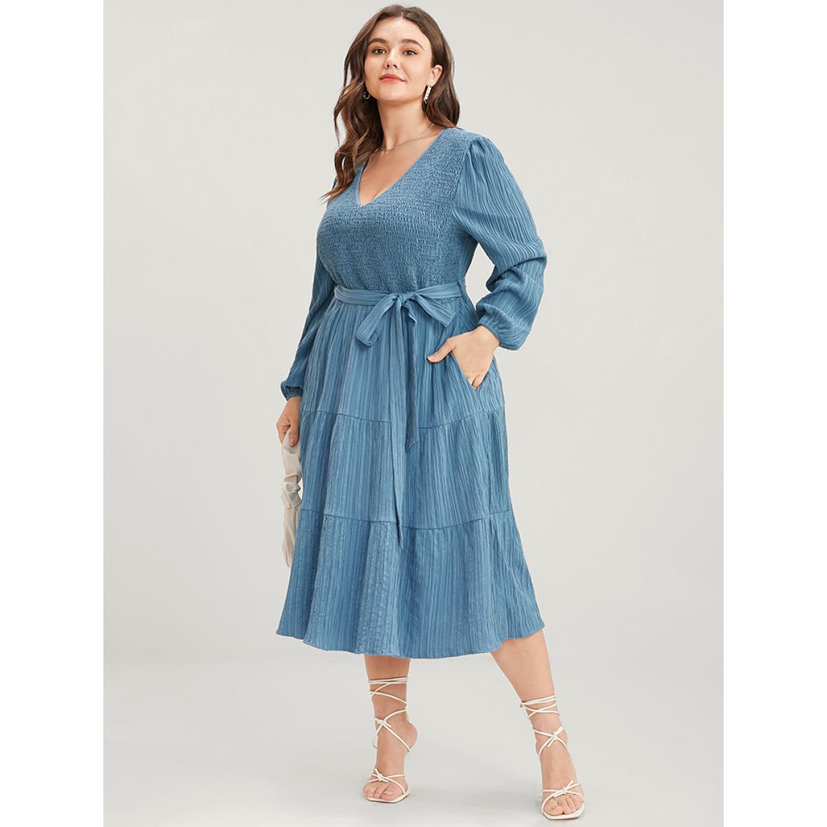 Plus Size Solid Textured V Neck Pocket Shirred Belted Flutter Dress Aegean Women Elegant Tiered V-neck Long Sleeve Curvy Midi Dress BloomChic 18-20/2X Product Image