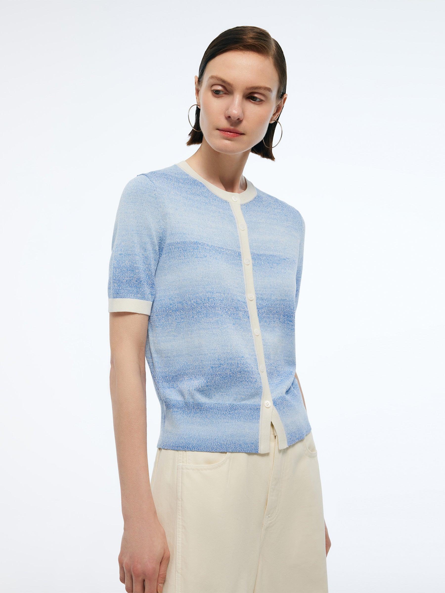 Blue And White Gradient Contrast Trim Women Cardigan Product Image