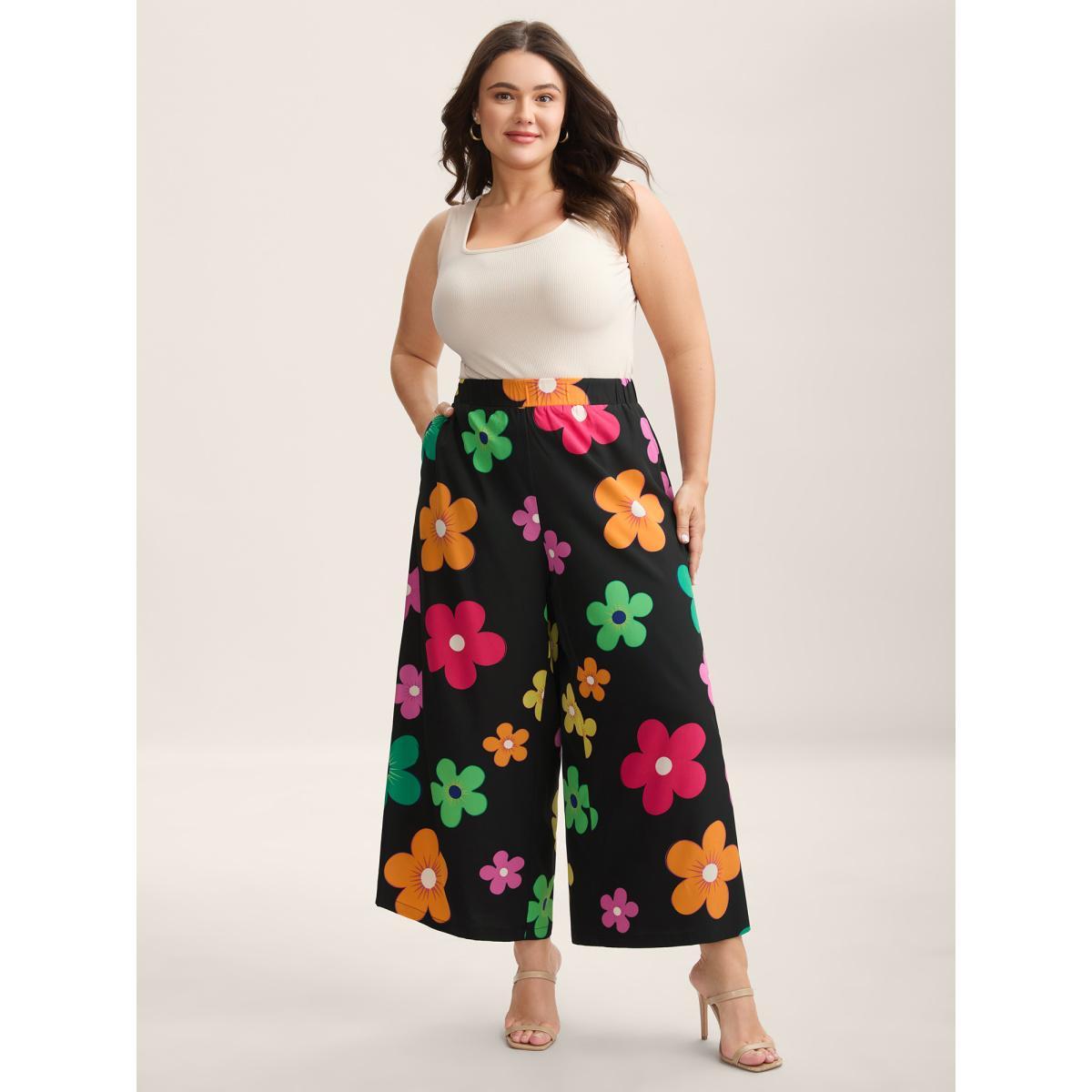 Plus Size Colorful Large Floral Print Wide-Leg Pants Women BlackFlower Elegant Wide Leg Mid Rise Everyday-Elegant Pants BloomChic 12/L Product Image