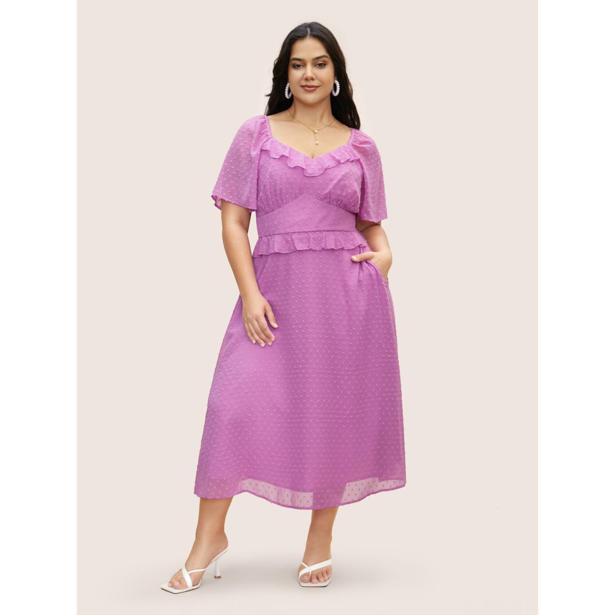Plus Size Textured Ruffles Shirred Raglan Sleeve Dress RedViolet Women Elegant Texture Heart neckline Half Sleeve Curvy BloomChic 22-24/3X Product Image