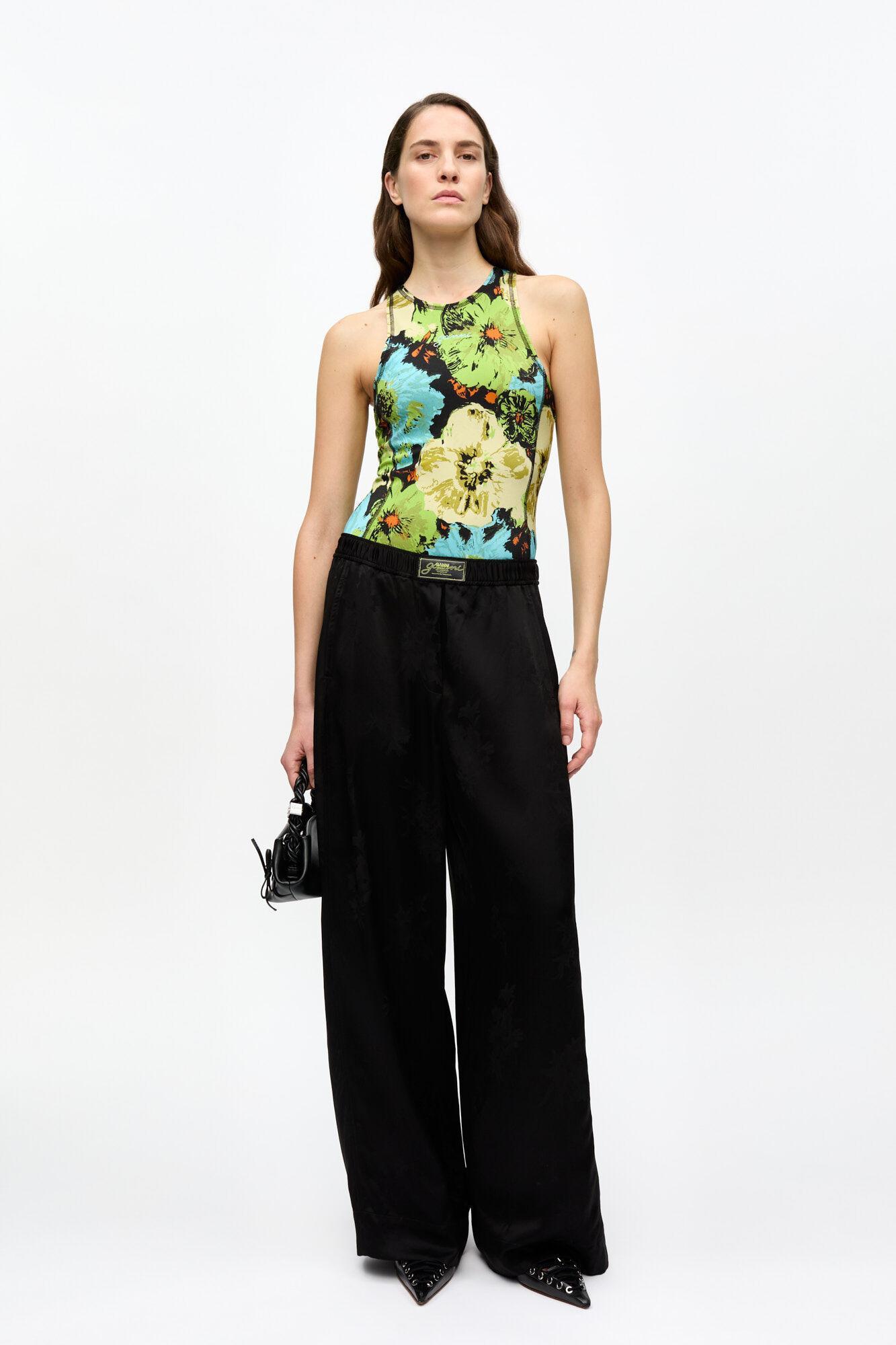 Black Satin Jacquard Pants Product Image
