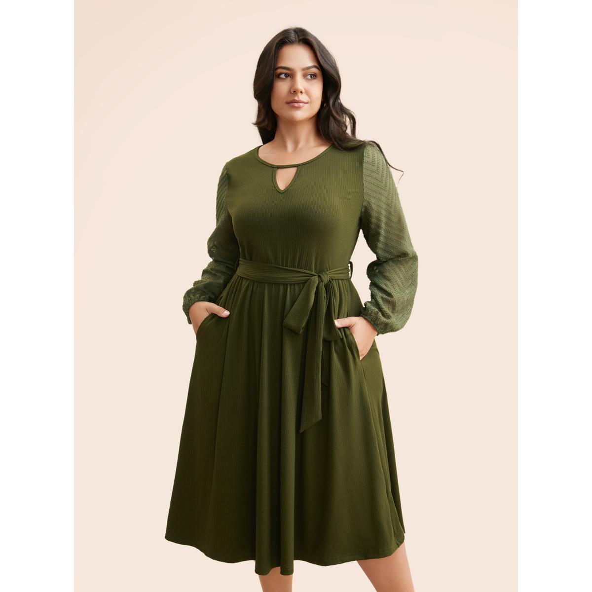 Plus Size Textured Patchwork Keyhole Belted Dress Moss Women Elegant Texture Round Neck Long Sleeve Curvy BloomChic 26/4X Product Image