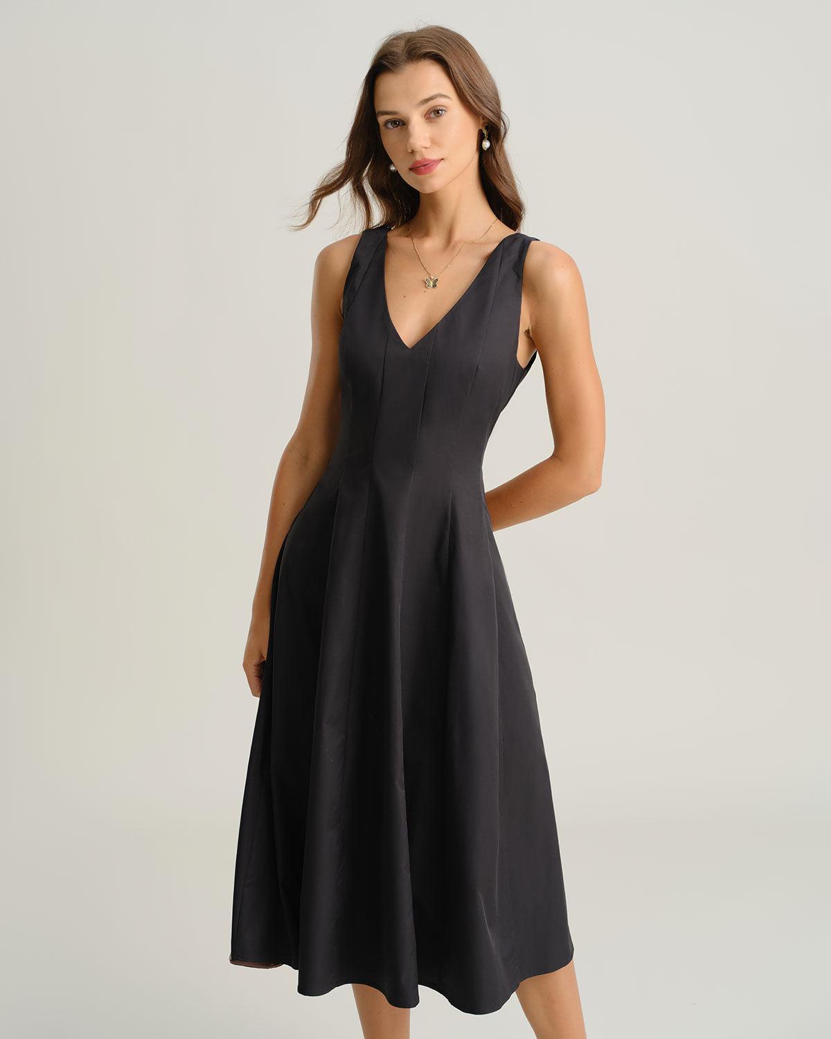 Black V Neck Sleeveless Midi Dress Product Image