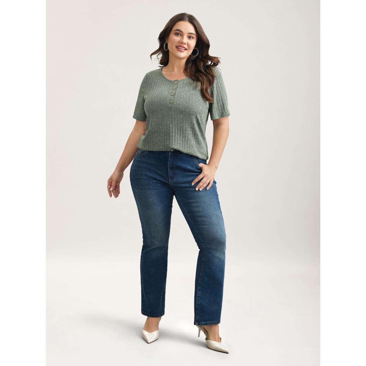 Plus Size Stretchy Textured Button Half Sleeve T-Shirt Sage Women Elegant Texture Round Neck Everyday T-shirts BloomChic 12/L Product Image