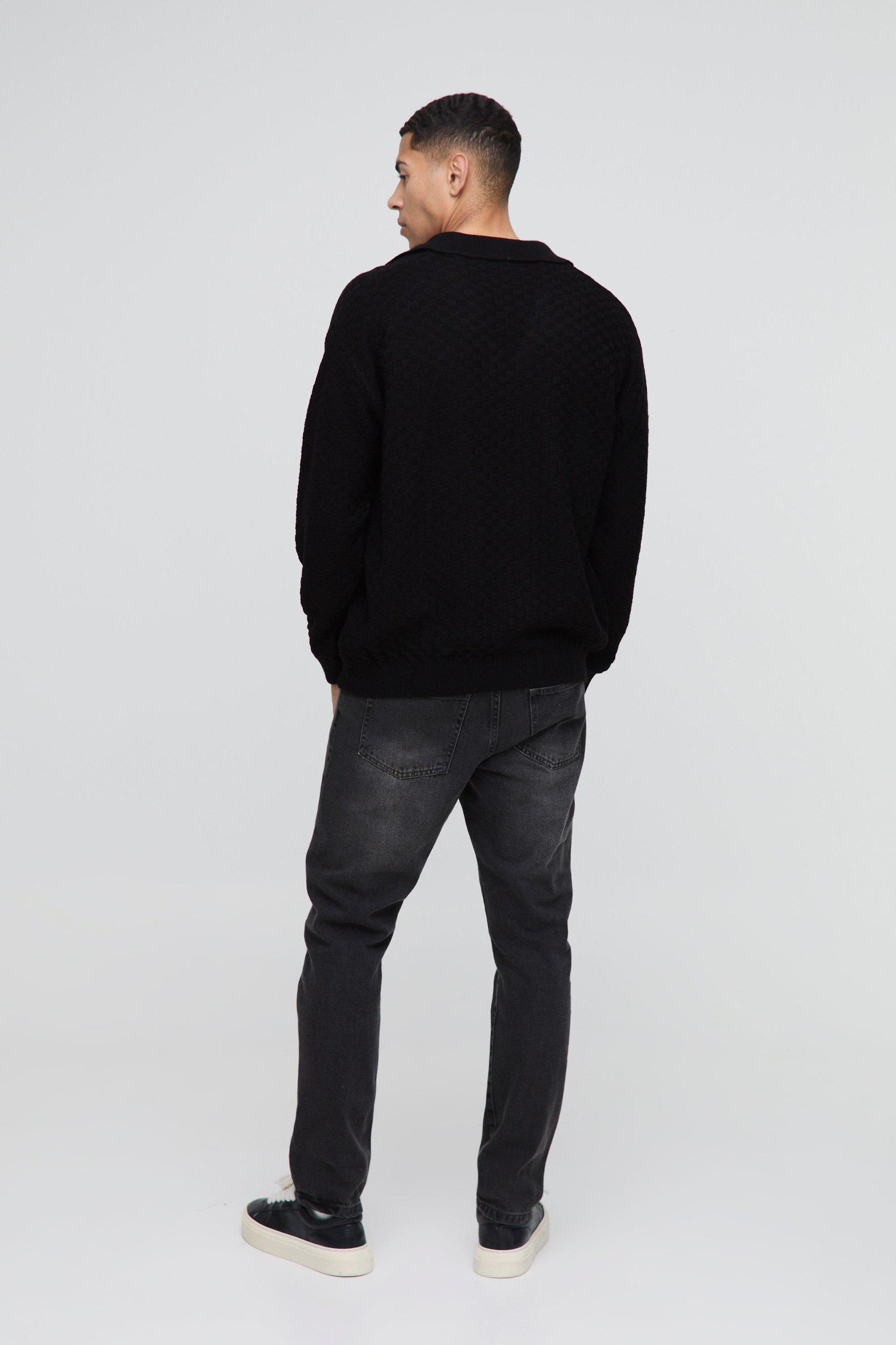 Oversized Boxy Revere Collar Basket Knitted Polo | boohooMAN USA Product Image