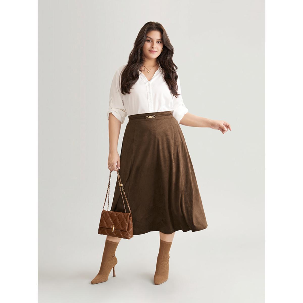 Plus Size Solid Buckle Detail Faux Suede A-line Skirt Women Bronze Office Style accents No stretch Pocket Work Skirts BloomChic 30/6X Product Image