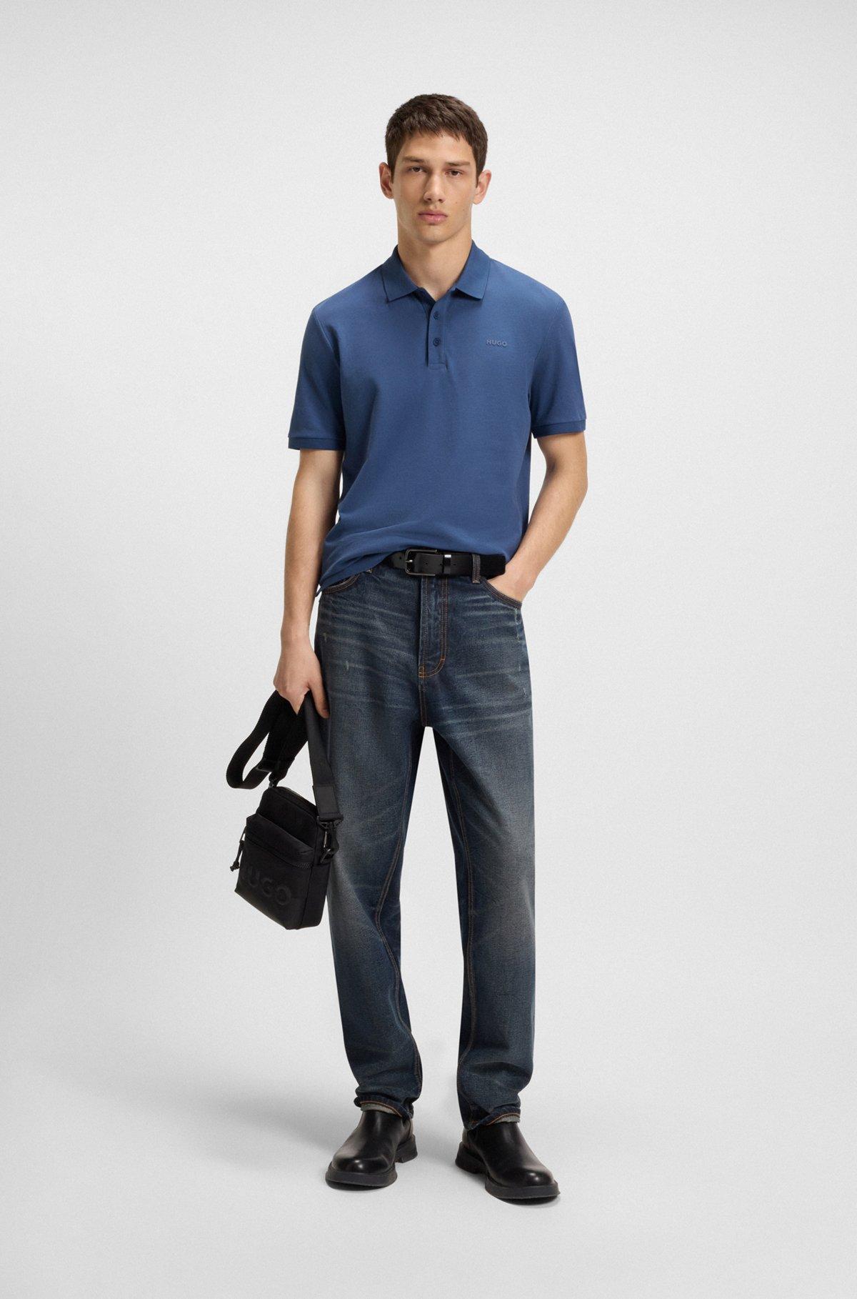 HUGO - Cotton-piqué polo shirt with all-over print - Blue Product Image
