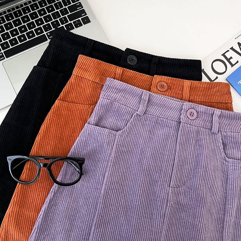 High Waist Plain Corduroy Mini A-Line Skirt Product Image